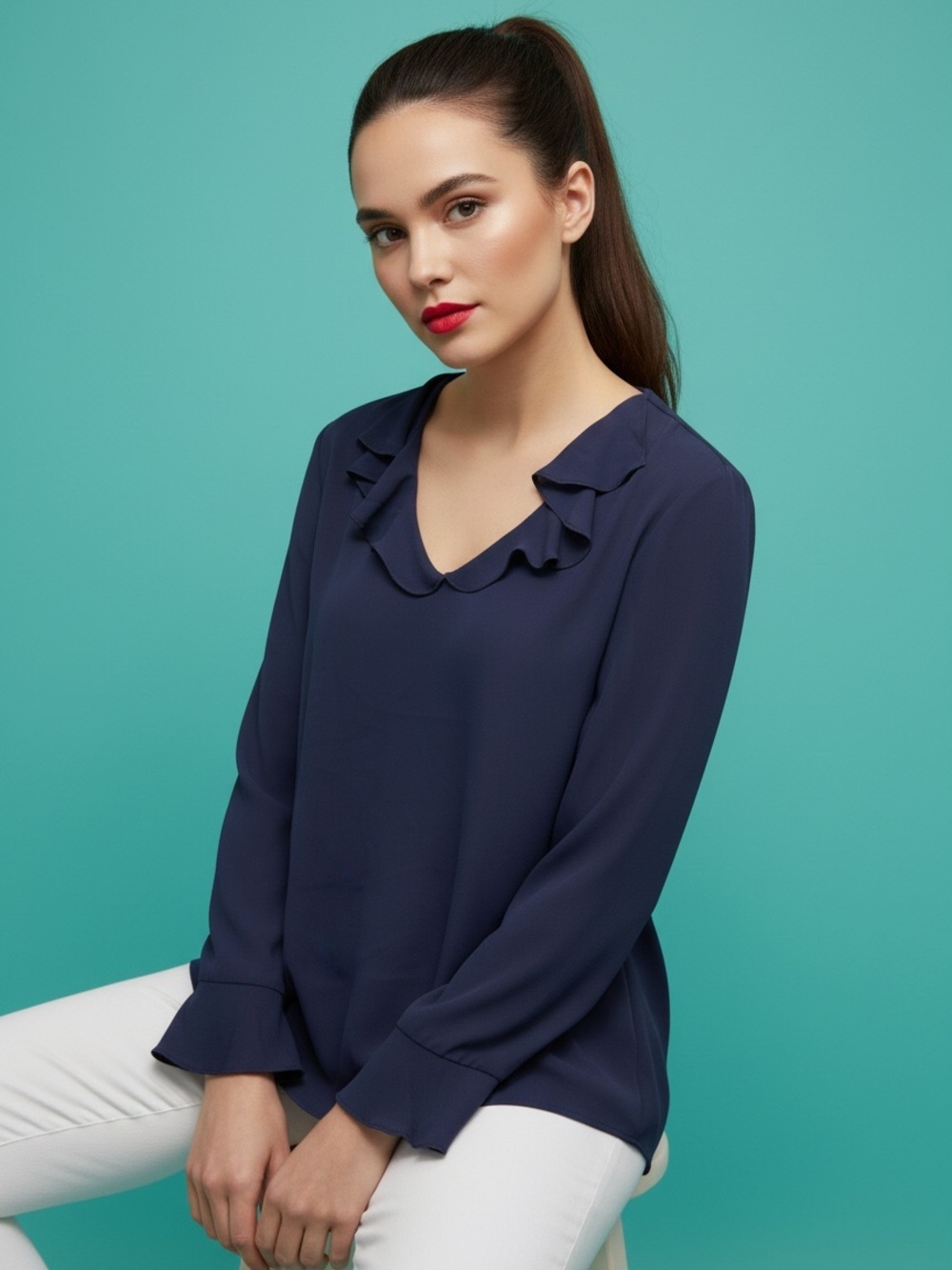Emma & Olivia Dark Blue Ruffle Pullover Blouse Size L